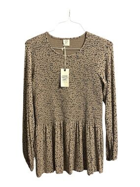 Good Hart Tan Black Dot Peplum Long Sleeve Top